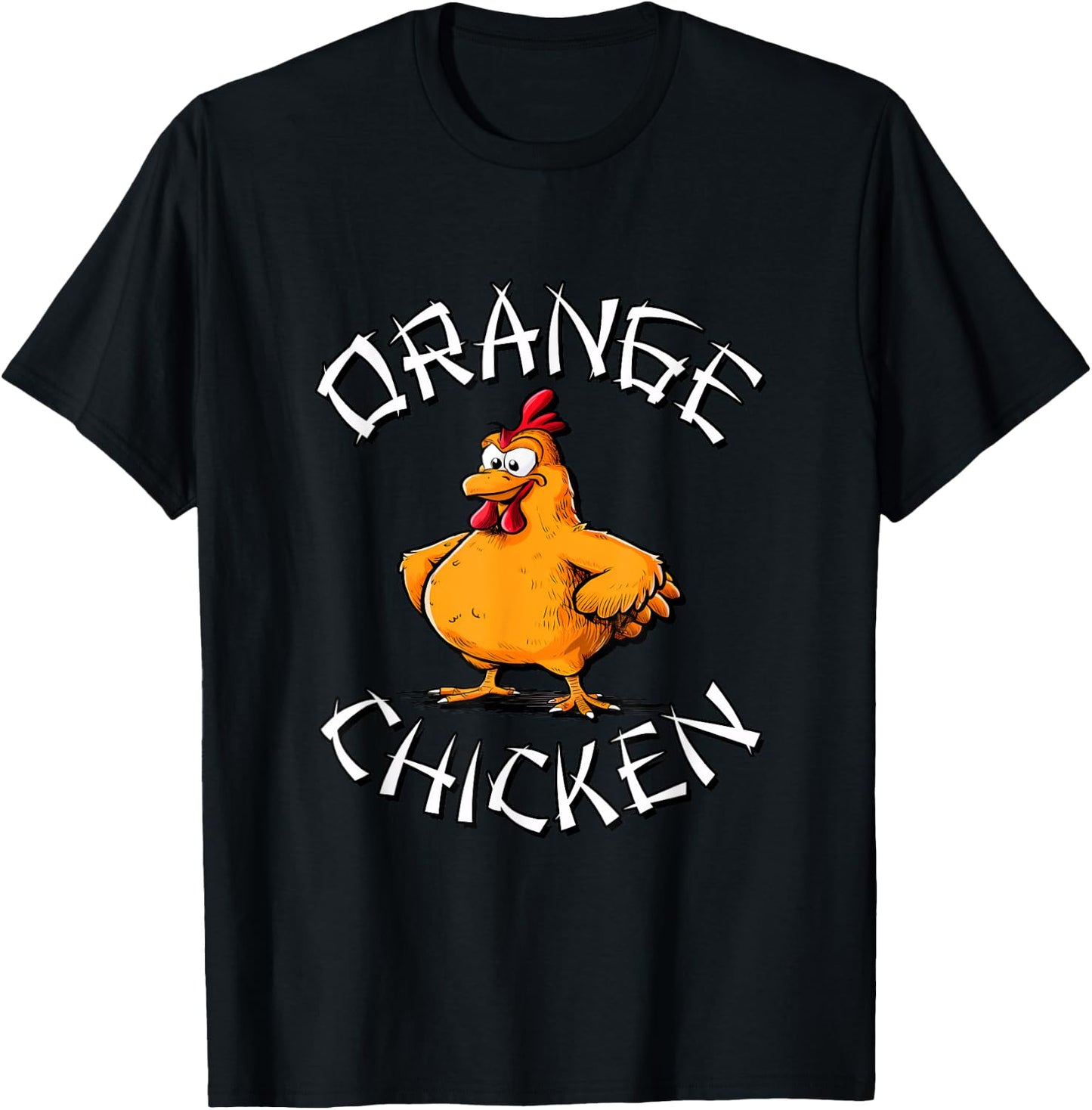 Redds Threads Orange Chicken -Adults Black Small Short Sleeve Classic Fit 100% Polyester Fun Cartoon Mandarin Collar Modern Unique Graphic Design T-Shirt - T-Shirt | Black