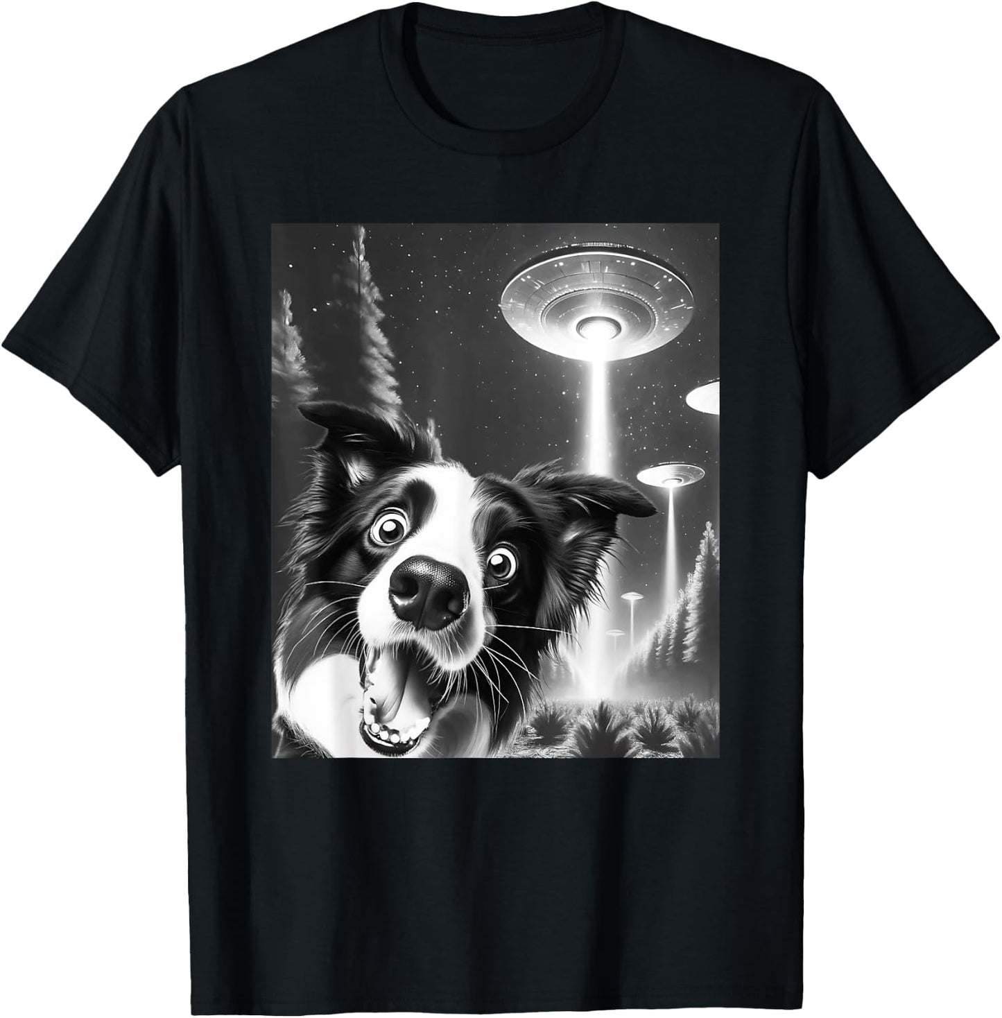 Funny Border Collie Alien UFO Taking a Selfie Dog Mom Dad Men Women Girls Kids T-Shirt - T-Shirt | Black