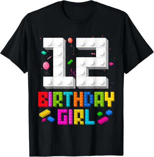 12th Birthday Girl Master Builder 12 Year Old Building Block T-Shirt - T-Shirt | Black
