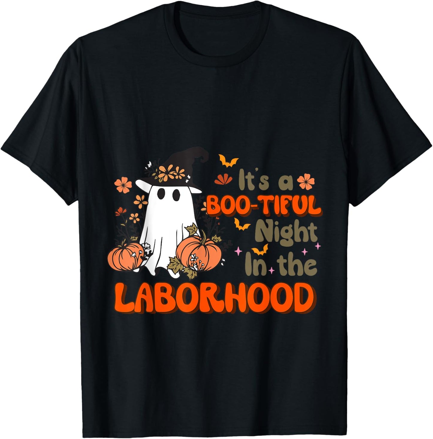 Bootiful Night In Laborhood Delivery Nurse Ghost Halloween T-Shirt - T-Shirt | Black