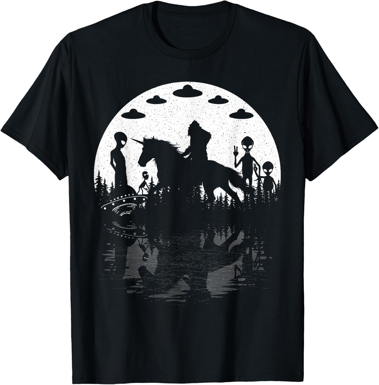 Bigfoot Riding Unicorn! Funny Sasquatch Ufo Cryptid Aliens T-Shirt - T-Shirt | Black
