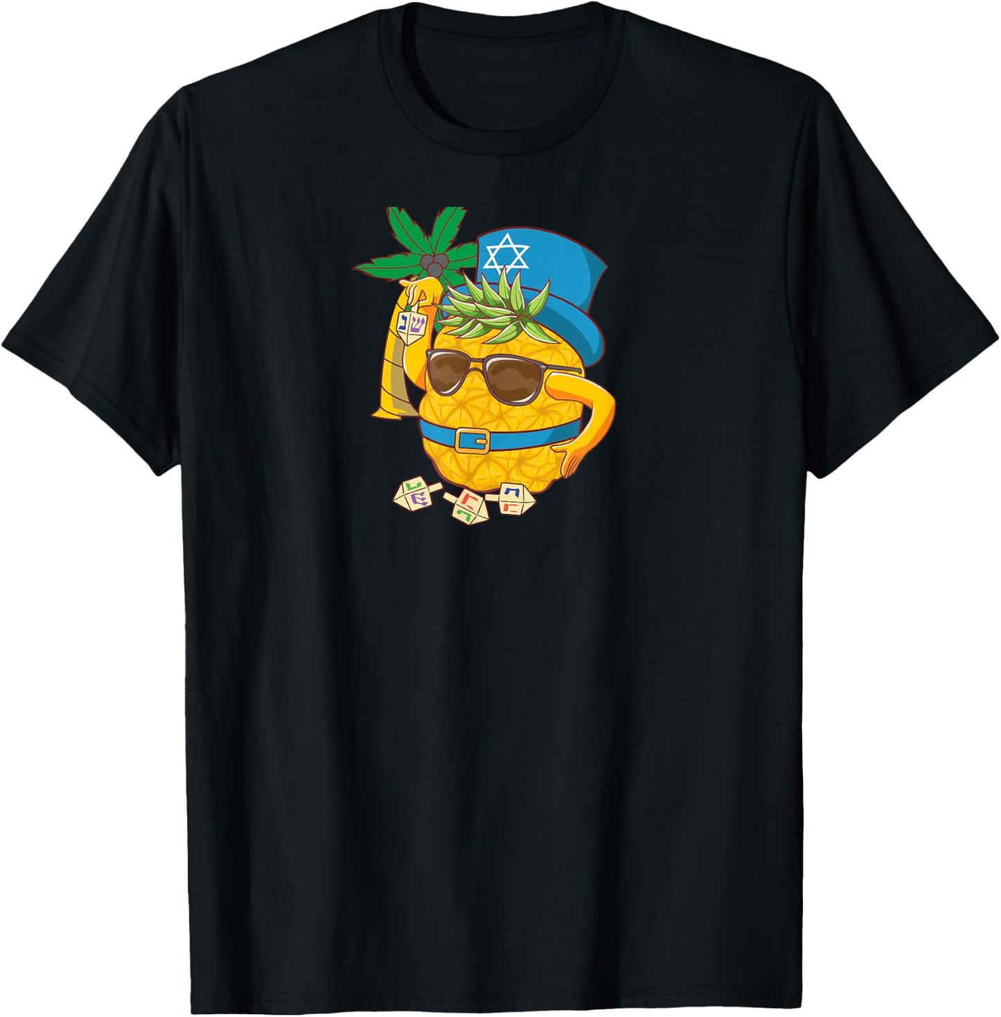 Funny Tropical Hanukkah Pineapple w Dreidel Palm Tree T-Shirt - T-Shirt | Black