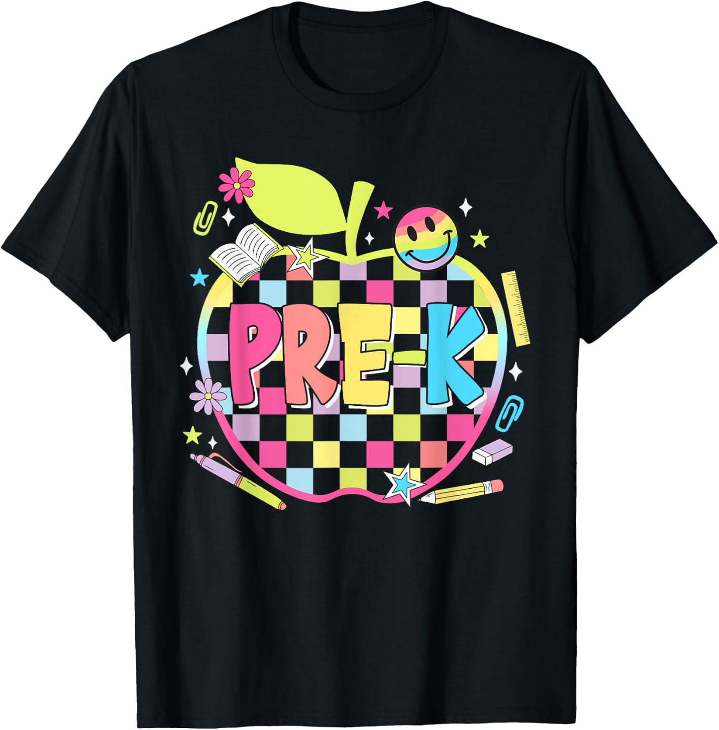 Pre-K Teachers Apples Retro Smile Face Back To School T-Shirt - T-Shirt | Black