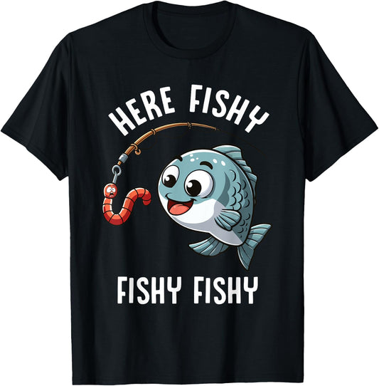 Here Fishy Fishing Funny Worm Cute Fish Fisherman Boys Girls T-Shirt - T-Shirt | Black