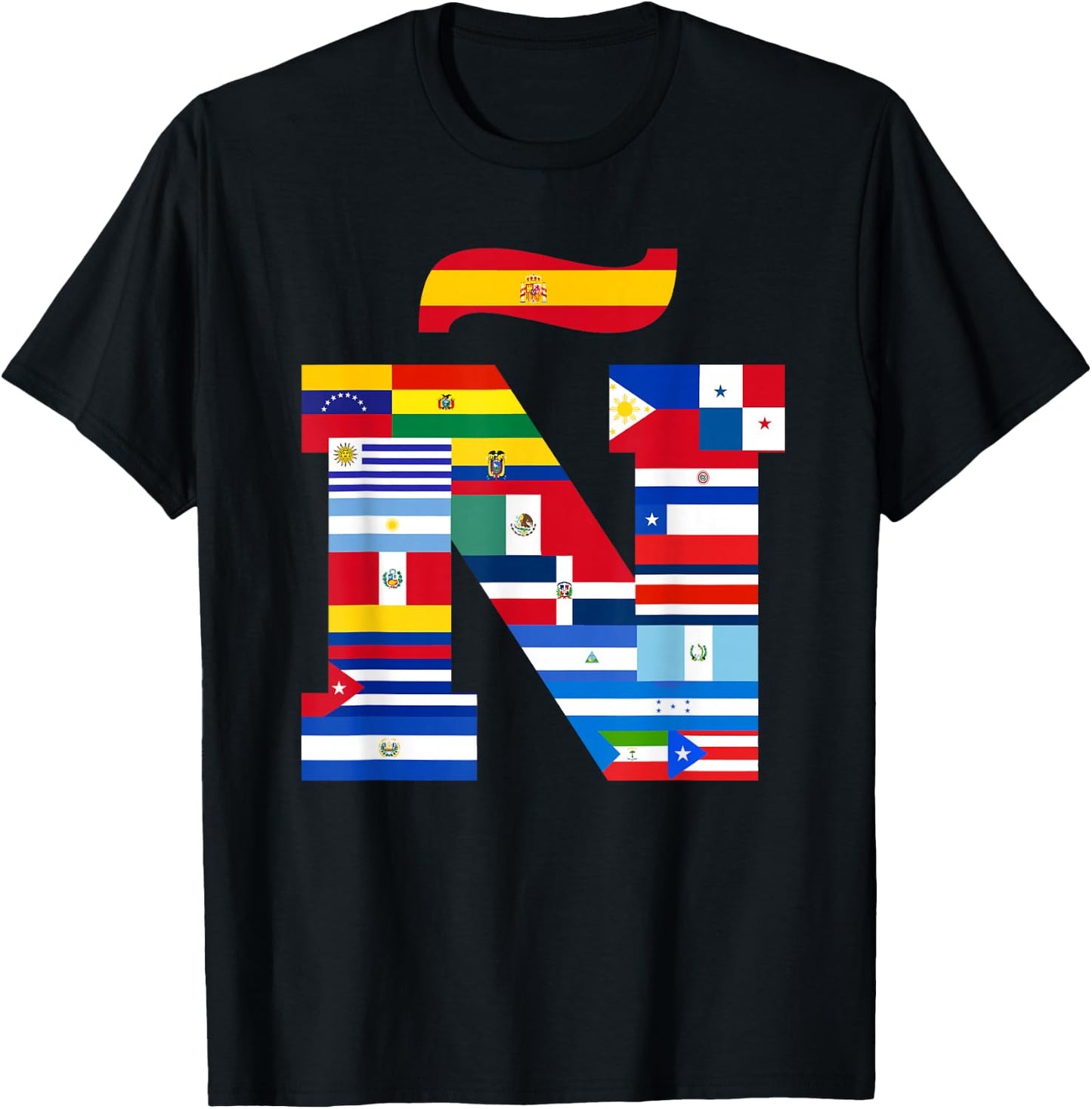 Ñ Viva la Hispanidad, Hispanic Heritage, Vibrant 'Ñ' Flag T-Shirt - T-Shirt | Black