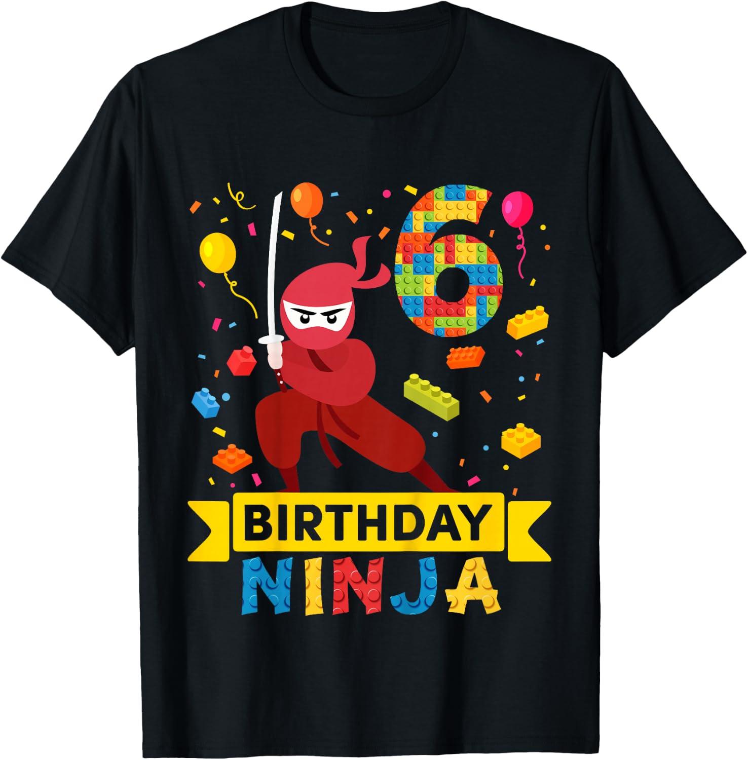 Kids 6 Year Old Building Blocks Ninja 6th Birthday Boy T-Shirt - T-Shirt | Black