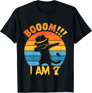 Kids 7th Birthday Cat Dabbing 7 Year Old Birthday Boy Girl T-Shirt - T-Shirt | Black