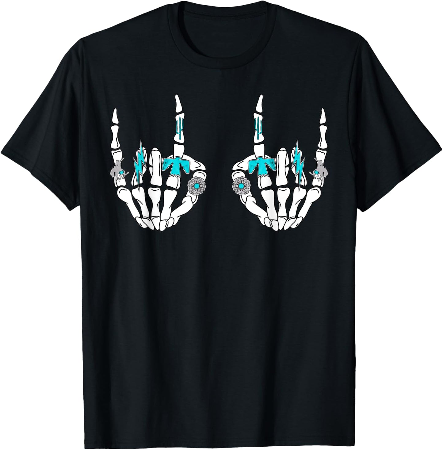 Western Rock On Skeleton Hands Rock And Roll Cowgirl Cowboy T-Shirt - T-Shirt | Black