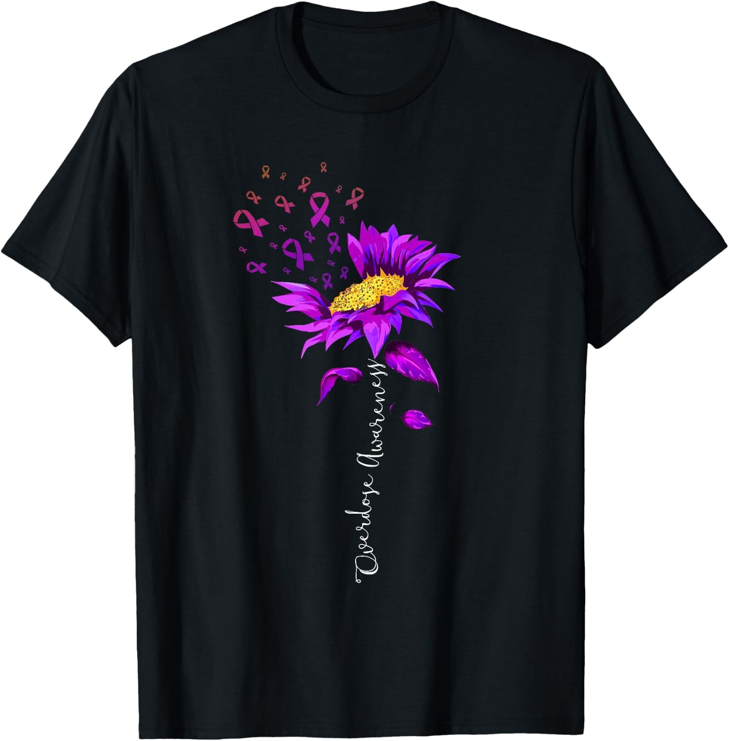 Overdose Awareness Month Sunflower Purple Ribbon T-Shirt - T-Shirt | Black