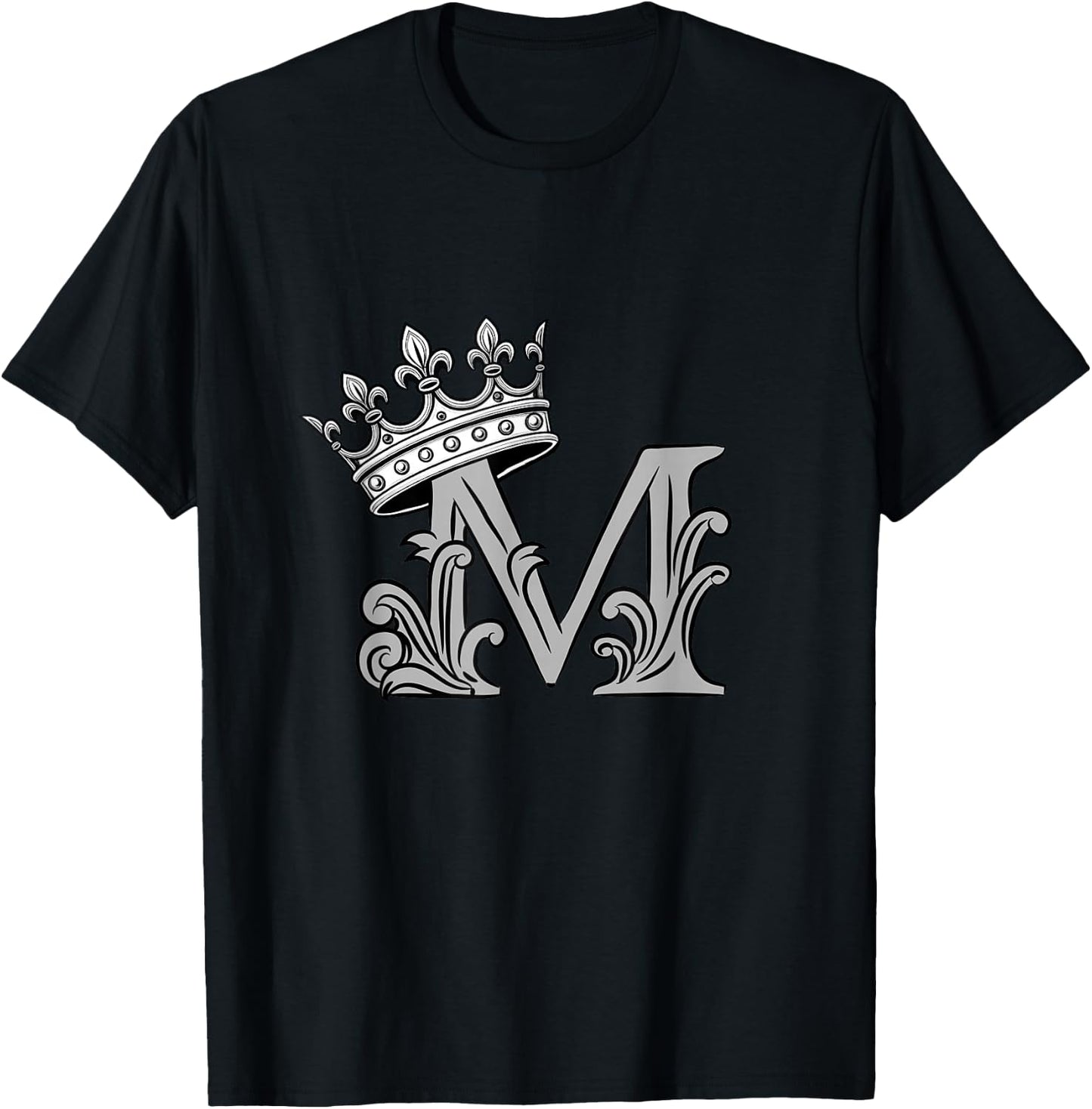 Grey Color Letter M Initial + Crown Grey Graphic T-Shirt - T-Shirt | Black