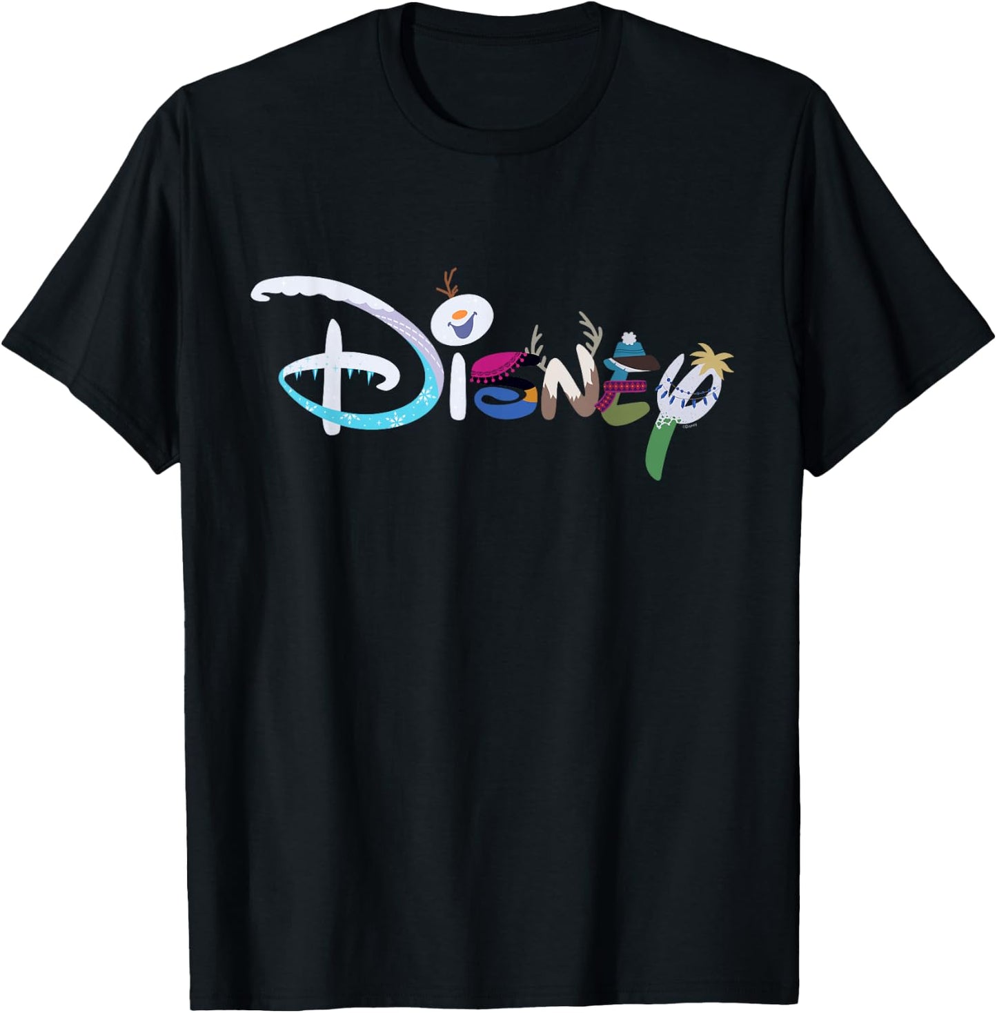 Disney Princess Frozen Characters Elsa Anna Olaf Disney Logo T-Shirt - T-Shirt | Black