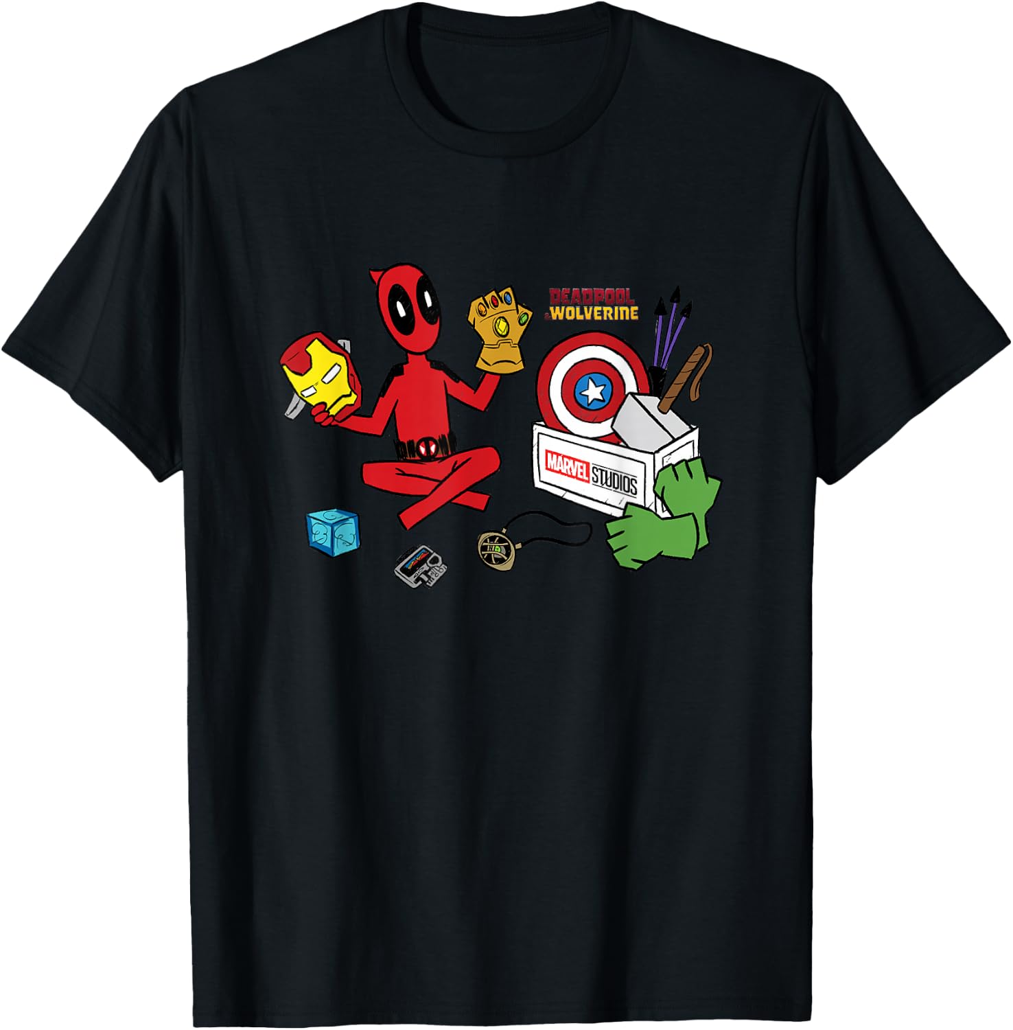 Marvel Deadpool & Wolverine Avengers Tool Box Sketch Icons T-Shirt - T-Shirt | Black