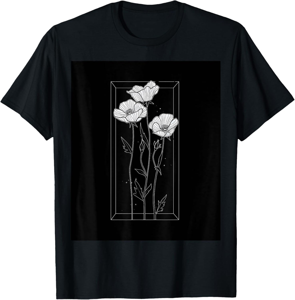 Chic Florals Black and White Minimalist Flowers T-Shirt - T-Shirt | Black