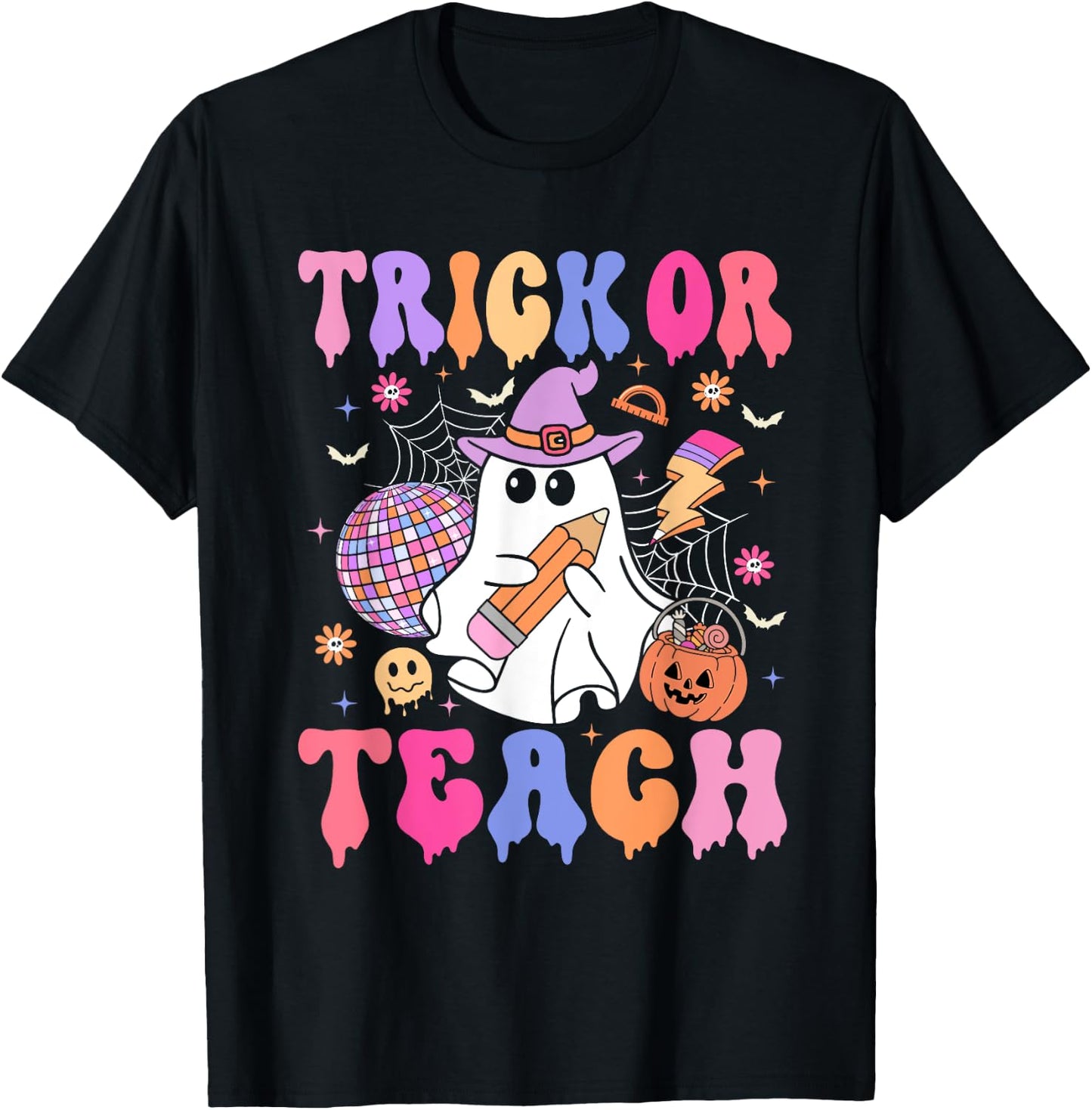 Trick Or Teach Groovy Halloween Floral Ghost Teacher T-Shirt - T-Shirt | Black