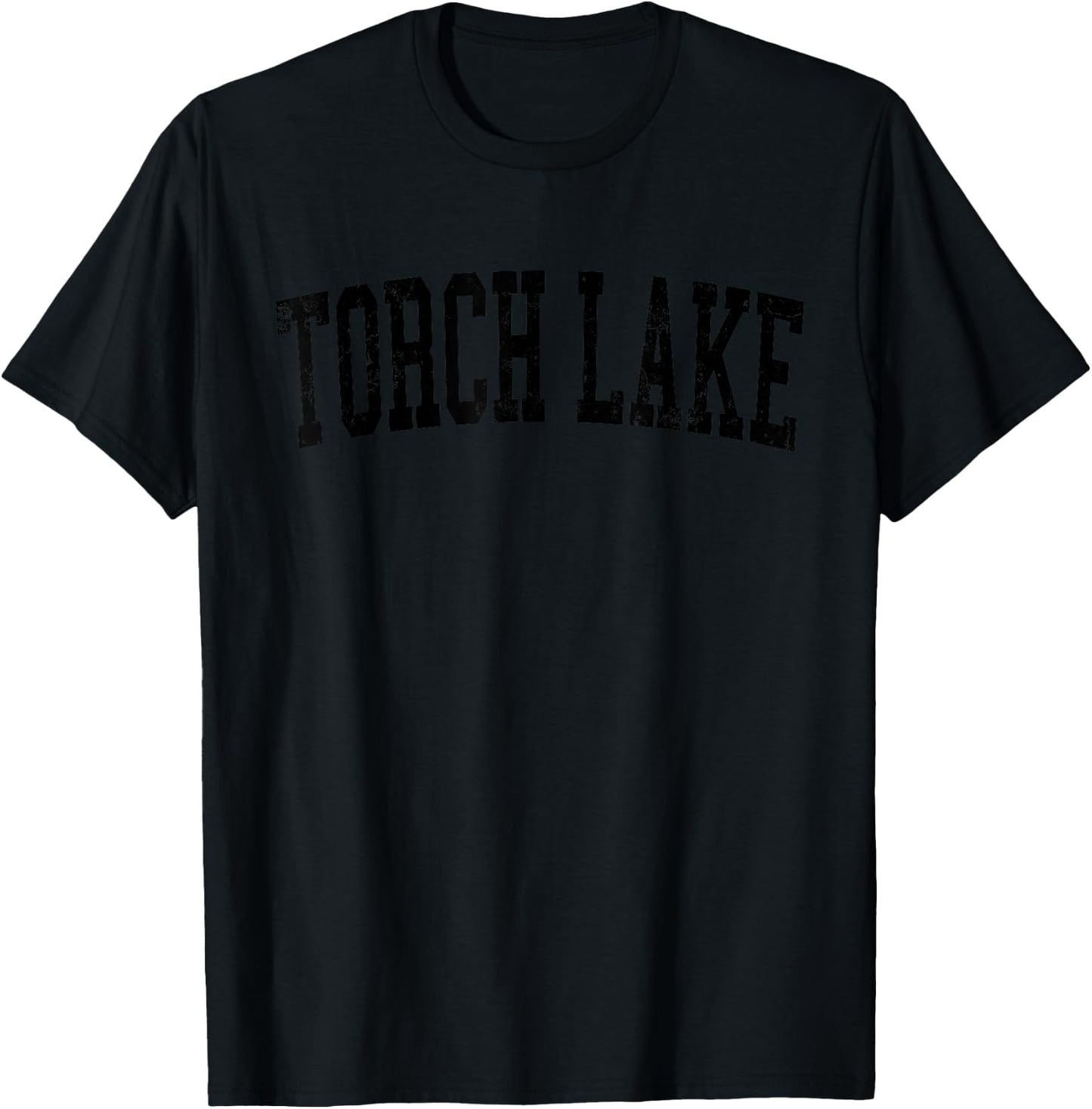 Vintage Torch Lake Distressed Black Varsity Style T-Shirt - T-Shirt | Black