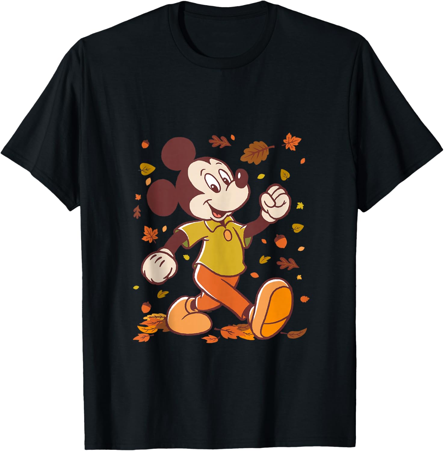 Disney Mickey Mouse Strolling Through Autumn Leaves Fall T-Shirt - T-Shirt | Black