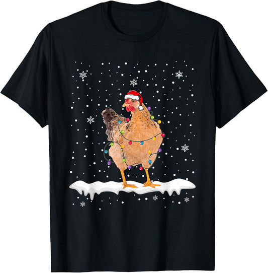 Funny Santa Chicken Christmas Lights Animals Lover T-Shirt - T-Shirt | Black