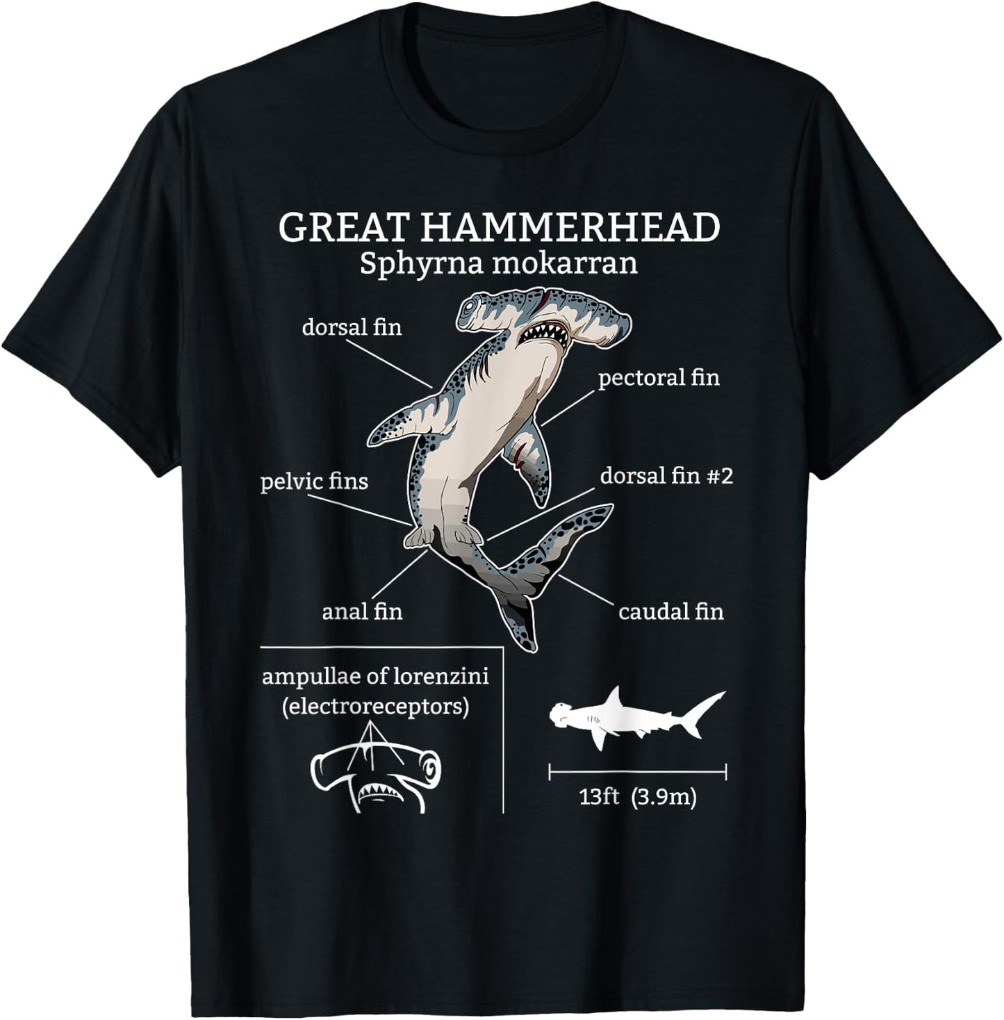 Great Hammerhead Shark Anatomy Ocean Animal Marine Biologist T-Shirt - T-Shirt | Black