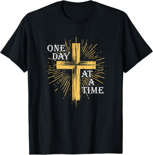 One Day At A Time Christian Cross AA NA Clean Sober Recovery T-Shirt - T-Shirt | Black