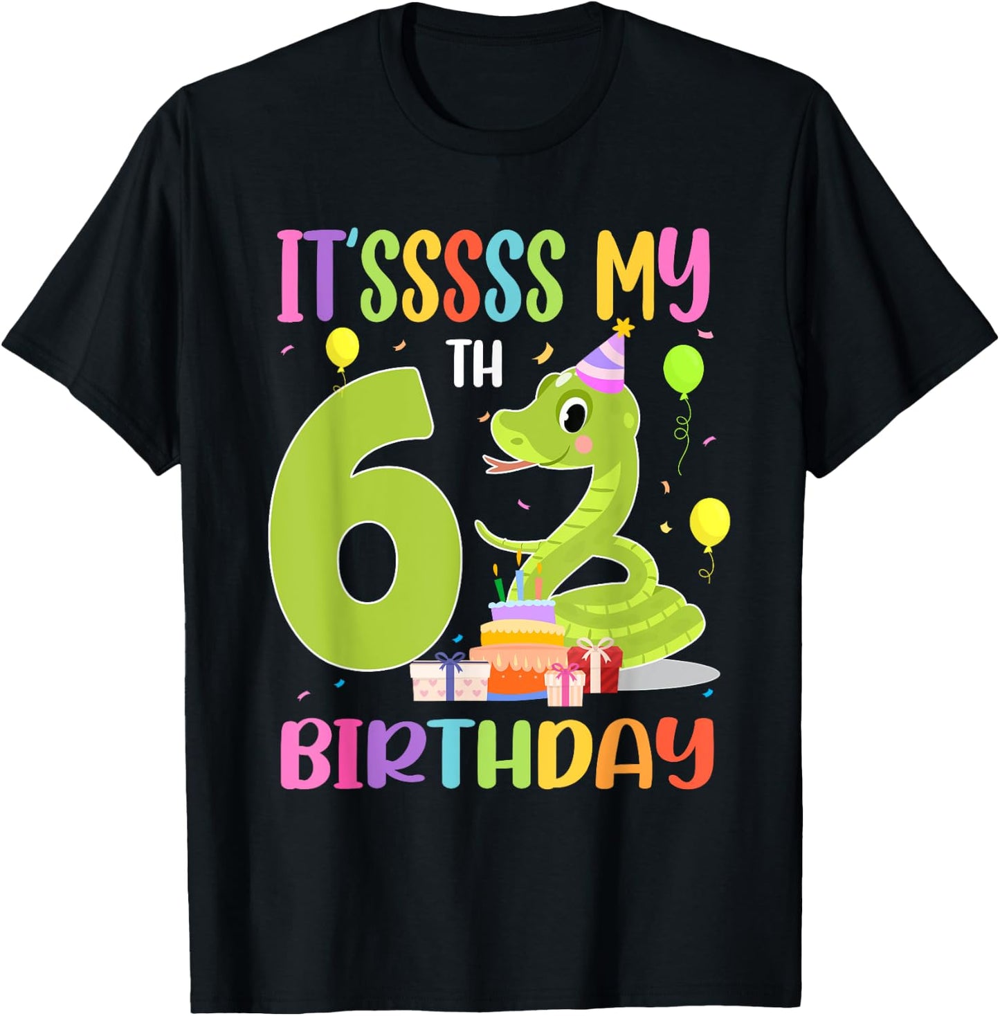 It's My 6th Birthday Snake 6 Years Old Birthday T-Shirt - T-Shirt | Black