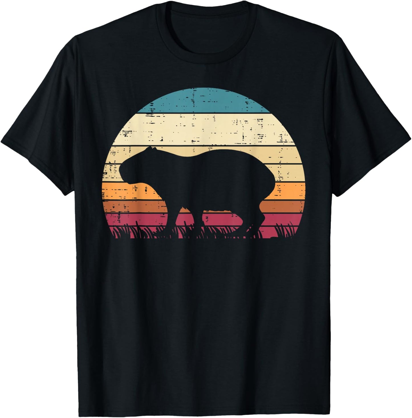 Capybara Silhouette Sunset Retro Capy Rodent Men Women Kids T-Shirt - T-Shirt | Black
