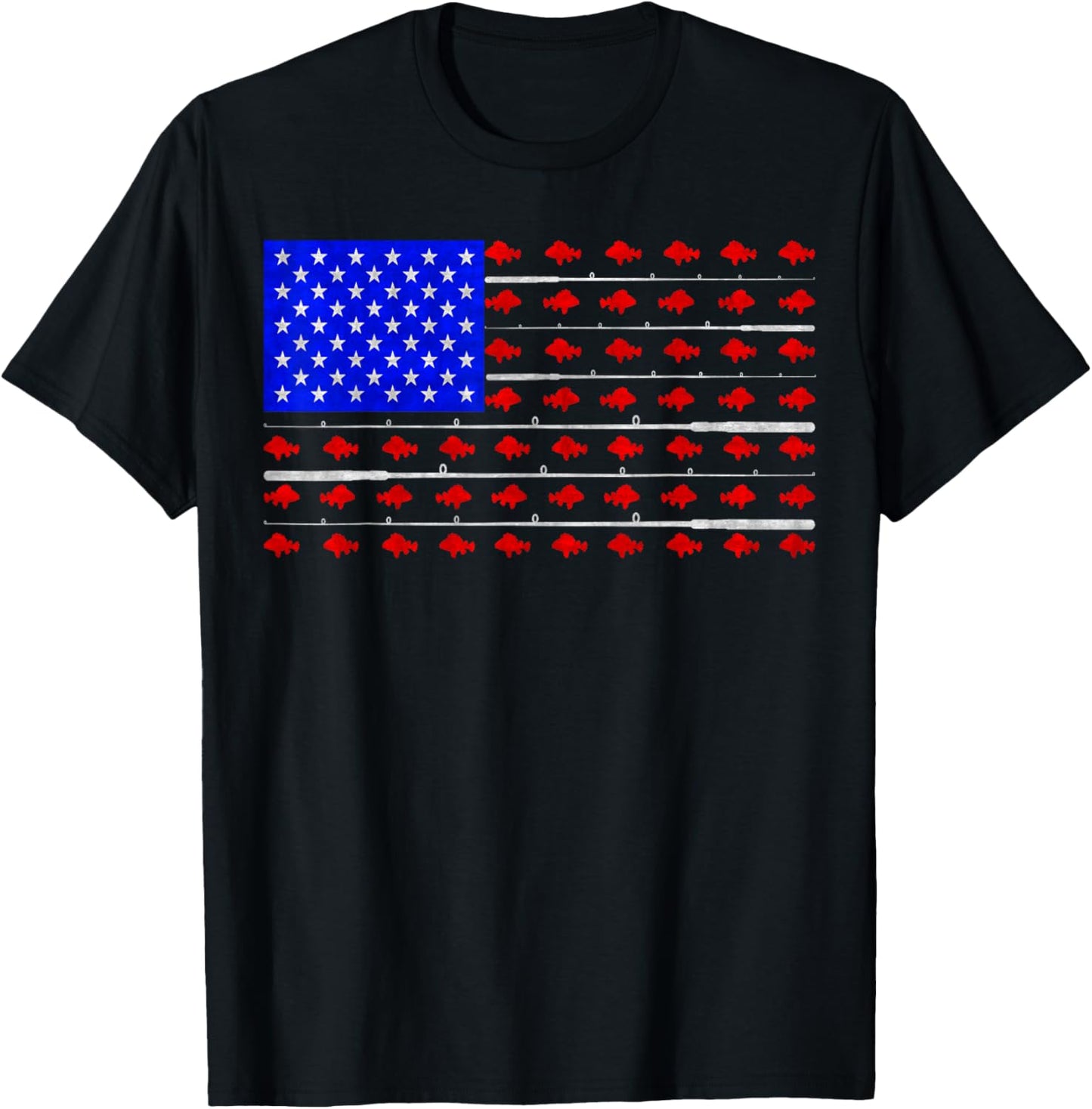 Vintage USA Flag Fishing, Fish And Rod, Fishing Lover T-Shirt - T-Shirt | Black