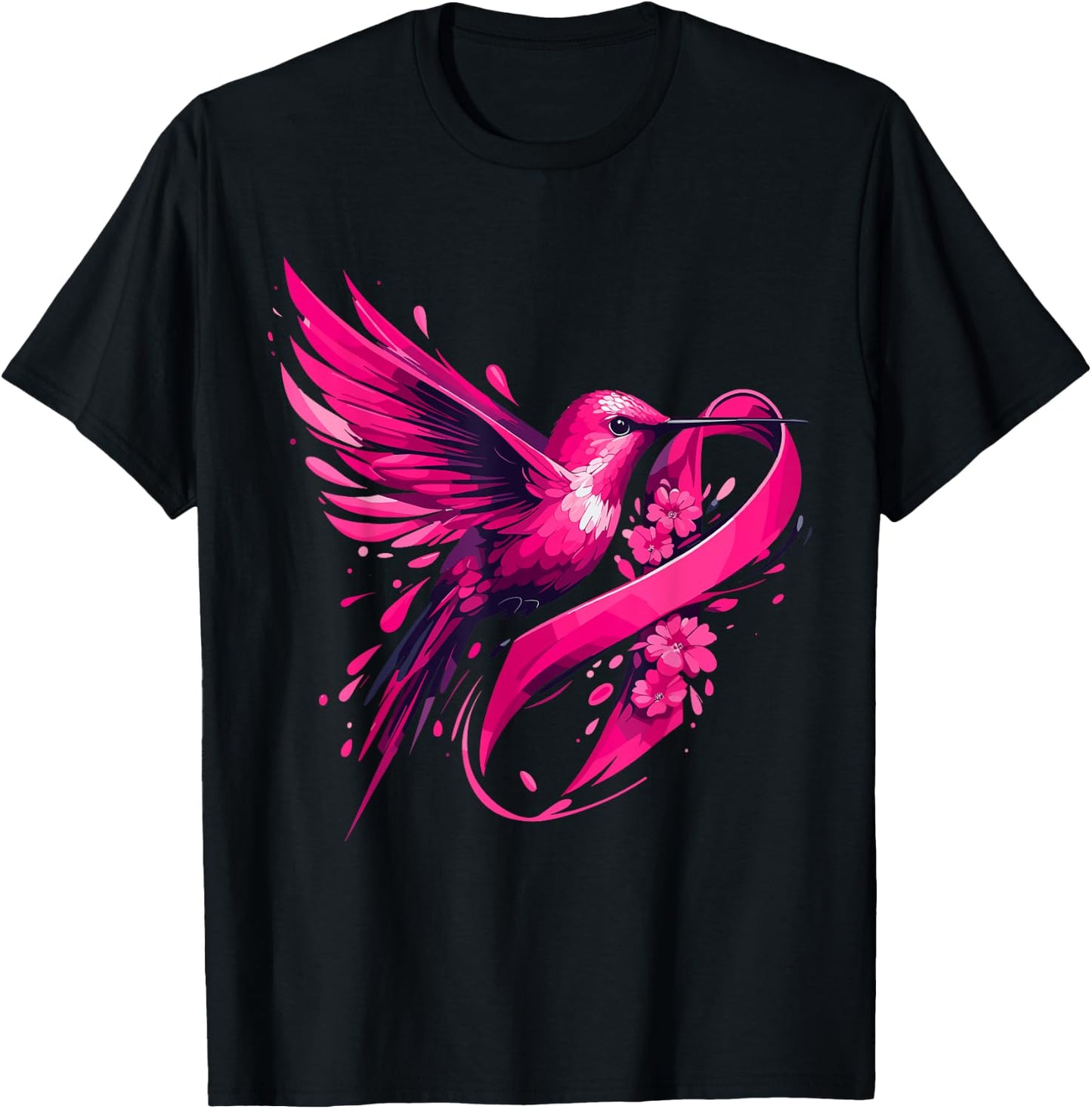Hummingbird Flower Pink Ribbon Breast Cancer Awareness T-Shirt - T-Shirt | Black