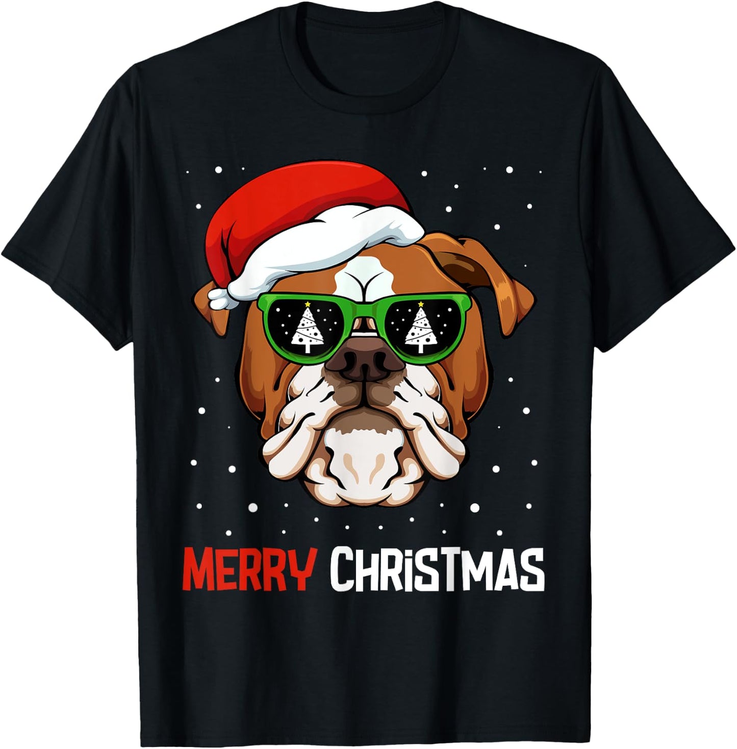 English Bulldog Santa Hat Christmas Pajama Dog X-Mas Tree T-Shirt - T-Shirt | Black