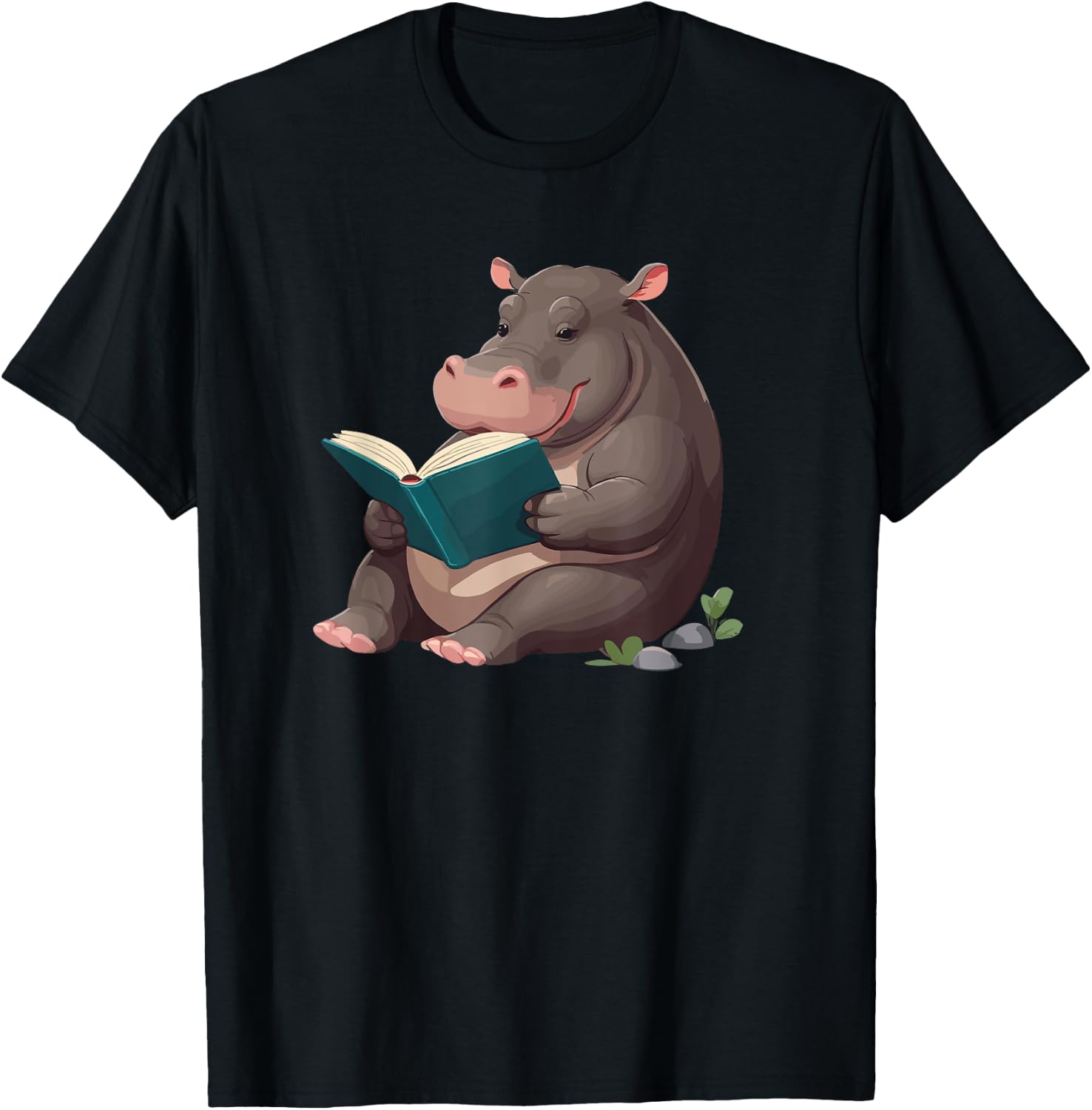 Hippopotamus is reading a Book, Reading Hippo T-Shirt - T-Shirt | Black