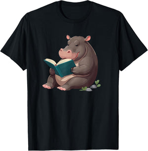 Hippopotamus is reading a Book, Reading Hippo T-Shirt - T-Shirt | Black