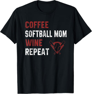 Funny Softball Mother Sayings Coffee Wine Repeat Coach Sport T-Shirt - T-Shirt | Black