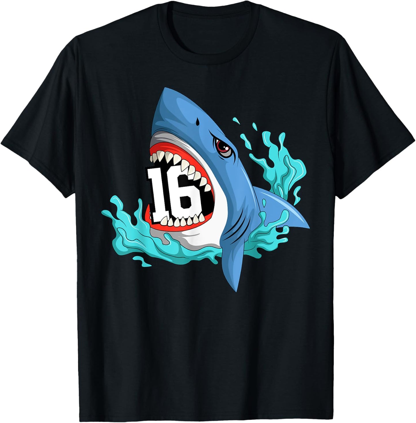 16 Shark Birthday Animal Themed Bday Party Celebration T-Shirt - T-Shirt | Black