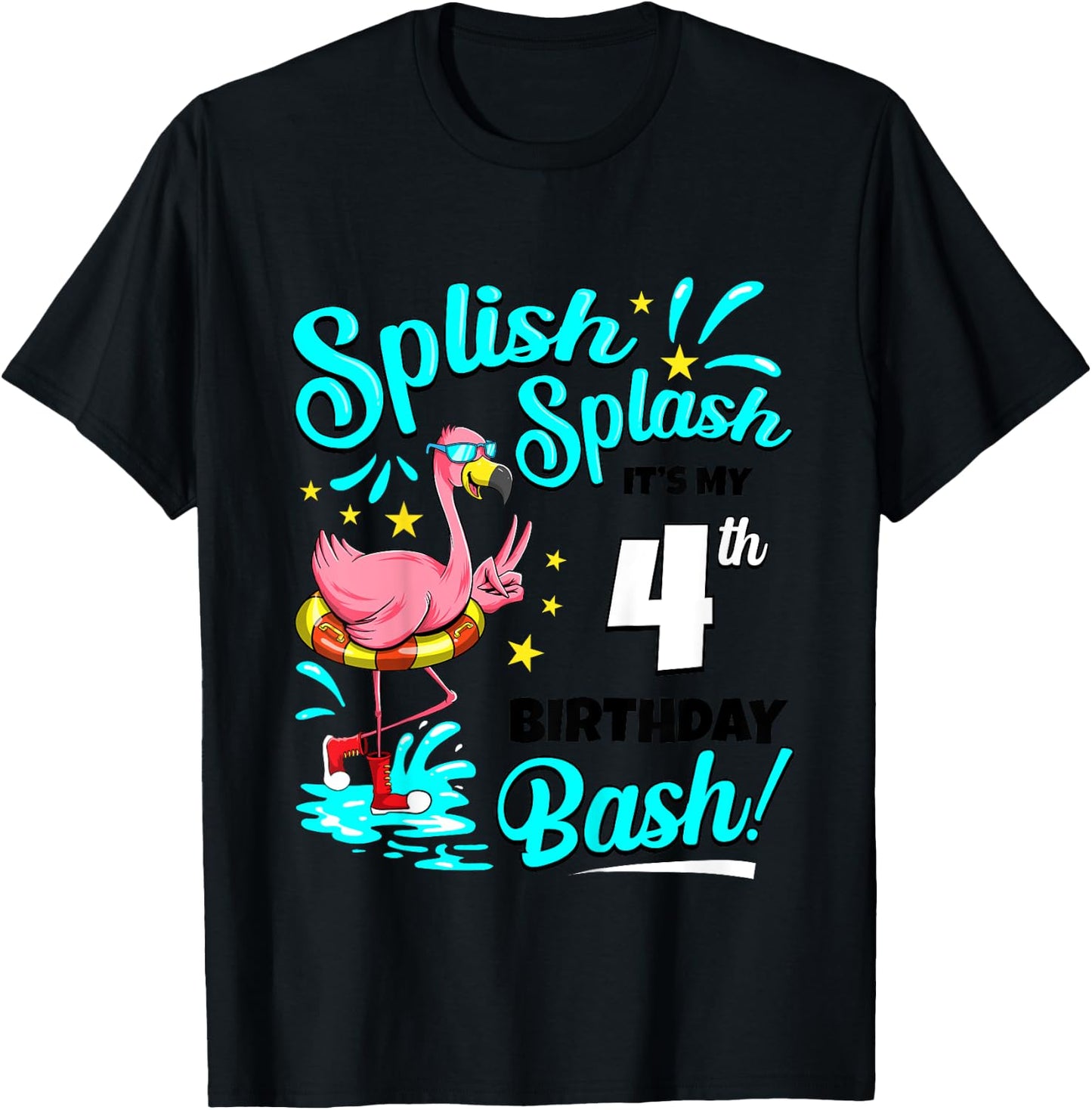 4th Birthday Flamingo 4 Years Old Pool Party Summer Girls Kids T-Shirt - T-Shirt | Black