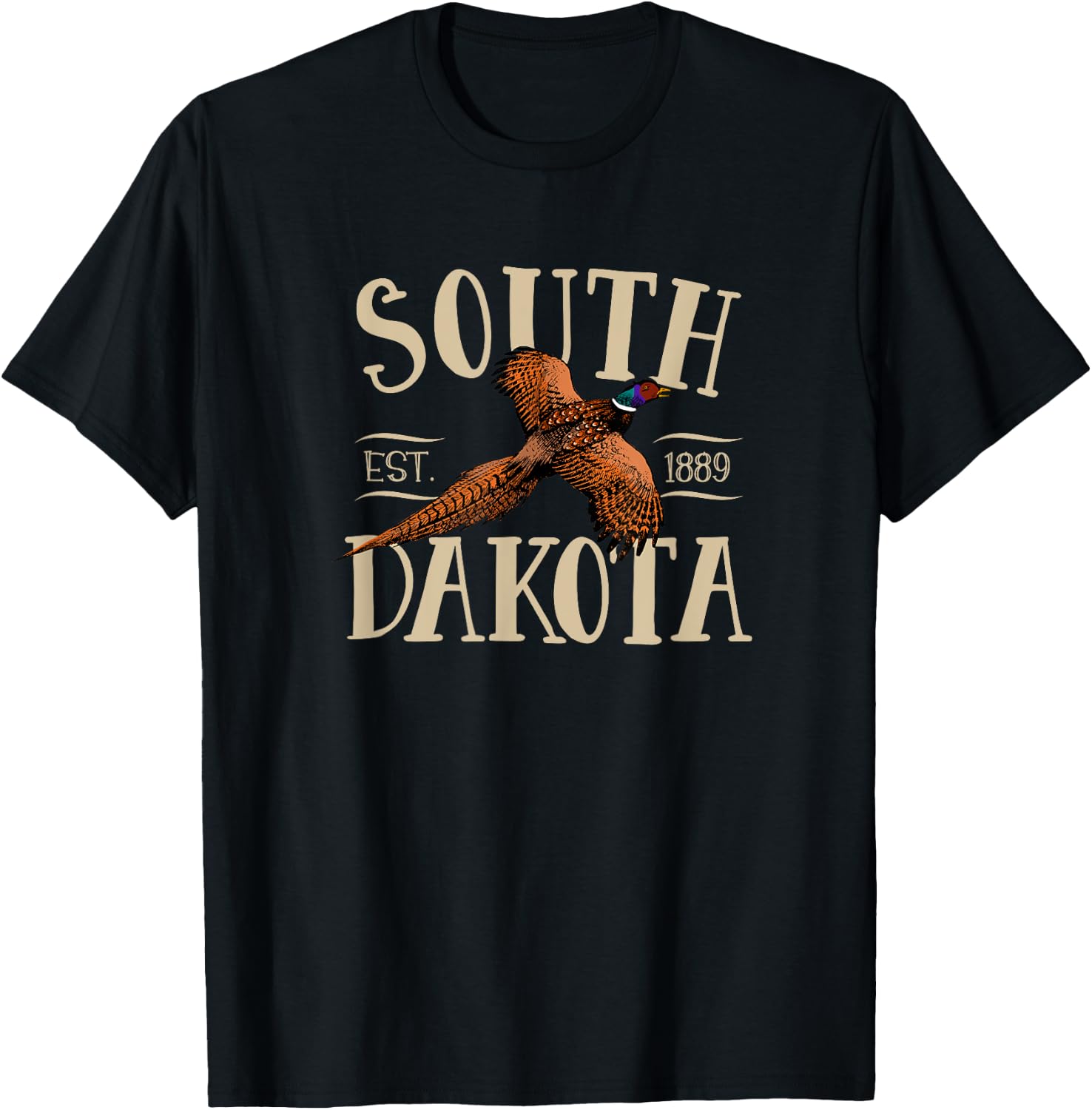 More Cool South Dakota Designs -Kids Black Small Modern Floral Letter Print with Distinctive Pheasant Design, Soft Cotton Fabric T-Shirt - T-Shirt | Black
