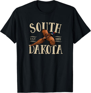 More Cool South Dakota Designs -Kids Black Small Modern Floral Letter Print with Distinctive Pheasant Design, Soft Cotton Fabric T-Shirt - T-Shirt | Black