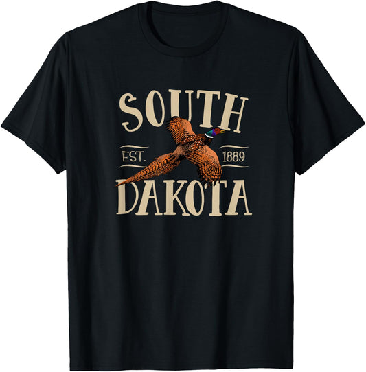 More Cool South Dakota Designs -Kids Black Small Modern Floral Letter Print with Distinctive Pheasant Design, Soft Cotton Fabric T-Shirt - T-Shirt | Black