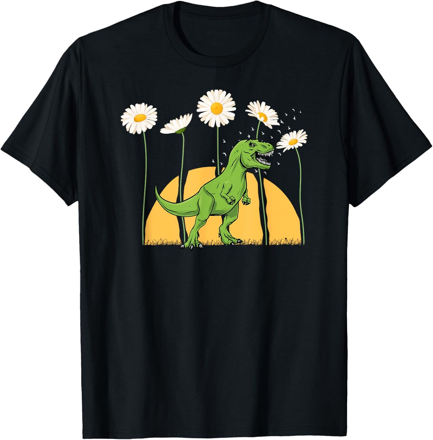 Dinosaur Spring Sunset Towering Daisy Flowers Dino T rex T-Shirt - T-Shirt | Black