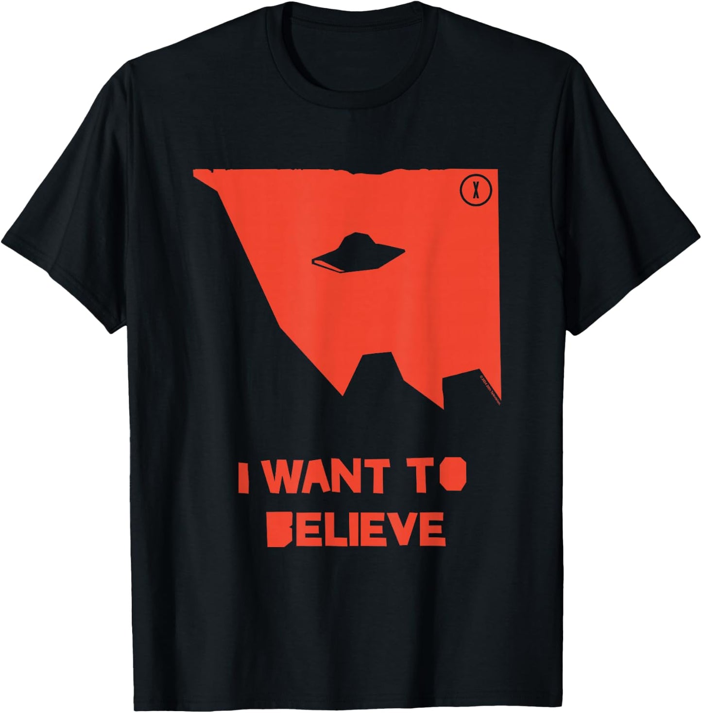 X-Files I Want To Believe UFO Silhouette Big Chest Text Logo T-Shirt - T-Shirt | Black