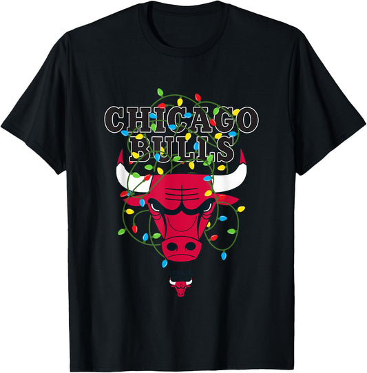 NBA Chicago Bulls Christmas Lights Holiday Logo T-Shirt - T-Shirt | Black