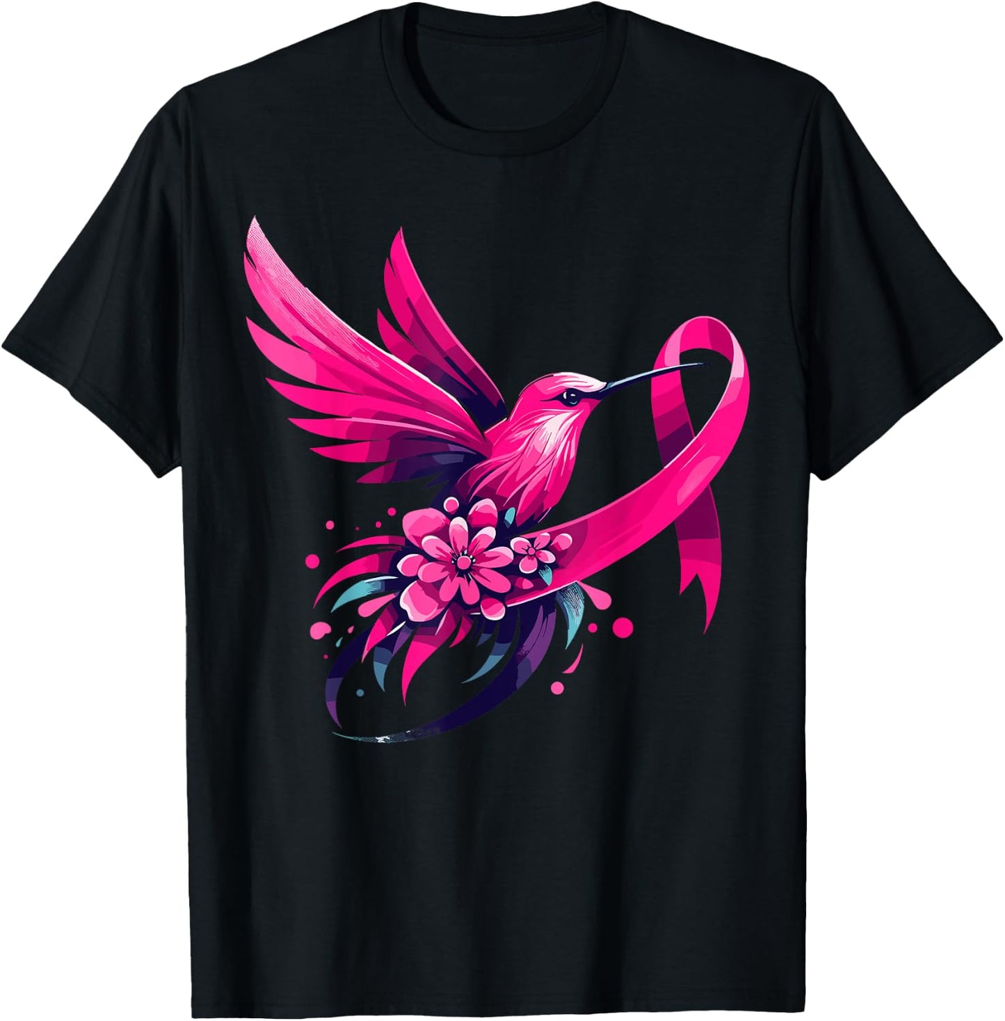 Hummingbird Flower Pink Ribbon Breast Cancer Awareness T-Shirt - T-Shirt | Black