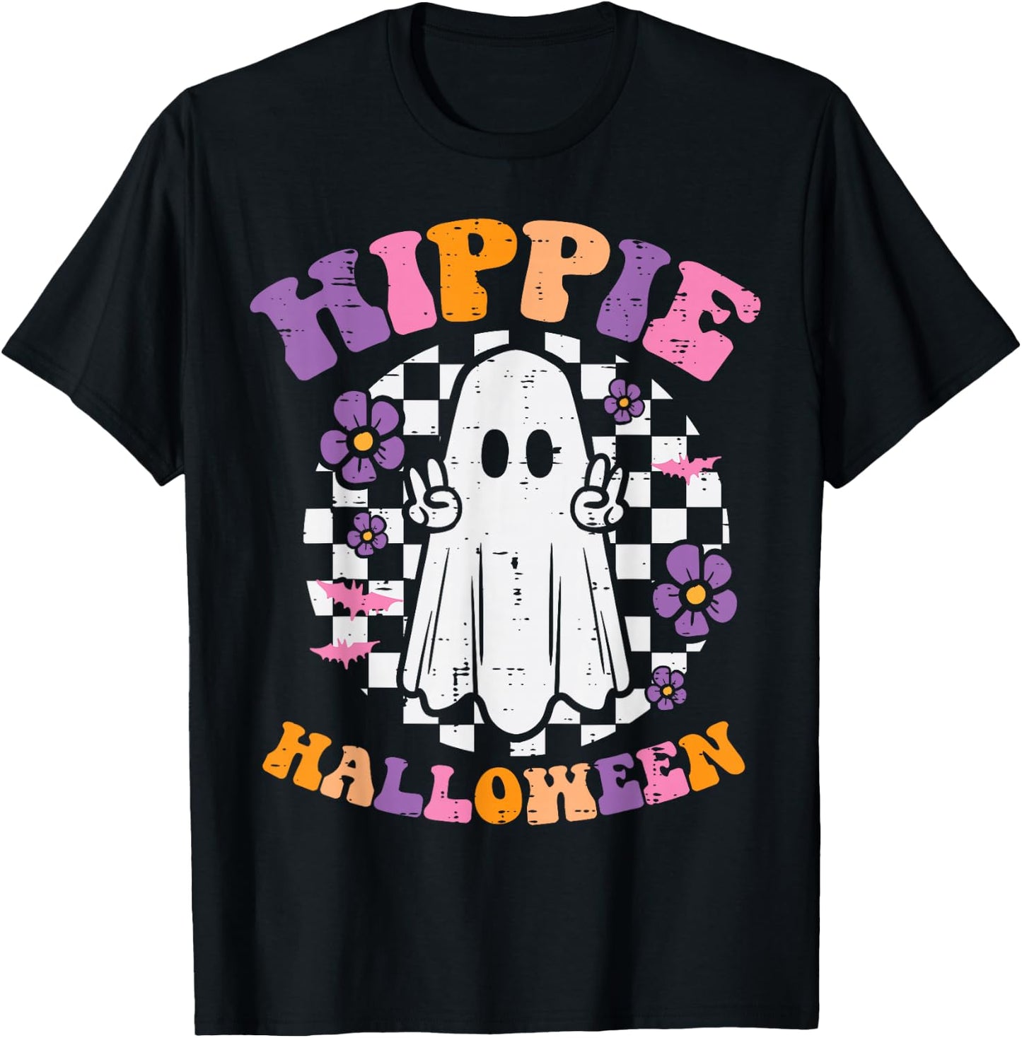 Hippie Halloween Ghost Peace Retro Costume Women Kids Men T-Shirt - T-Shirt | Black