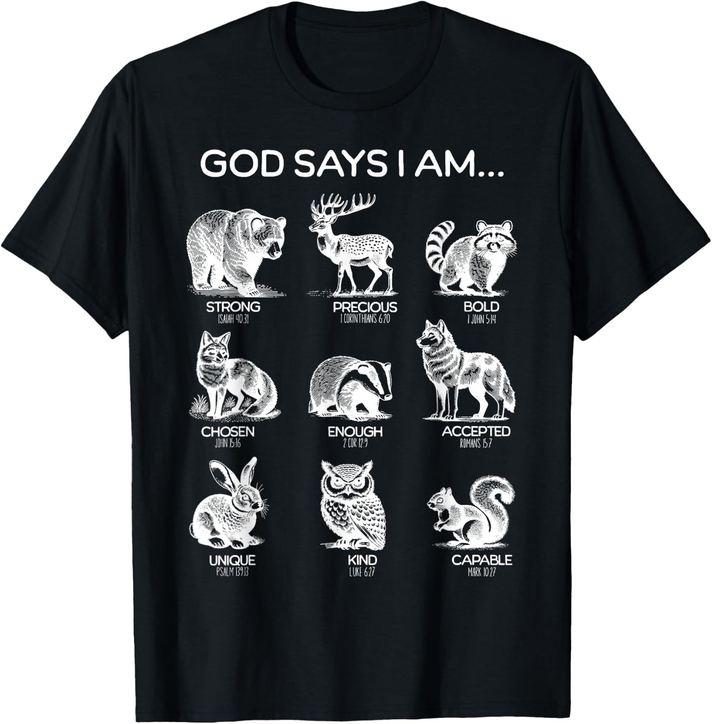 God Says I am Forest Animals Bible Verse Christian Hiking T-Shirt - T-Shirt | Black
