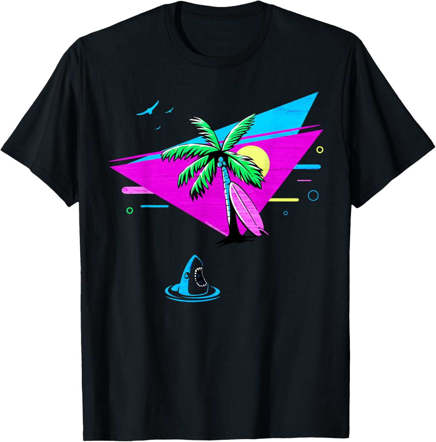 Fun Retro Tropical Vaporwave Palm Trees Shark and Surfboard T-Shirt - T-Shirt | Black