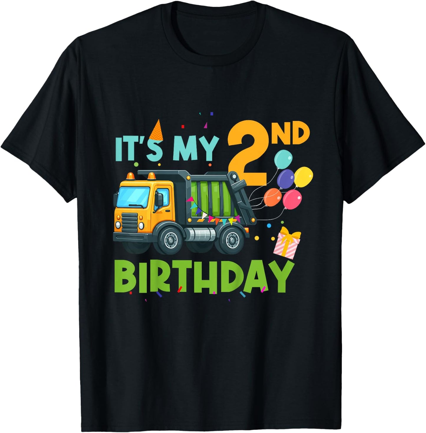 It's My Second Birthday 2 Year Old Garbage Truck Birthday T-Shirt - T-Shirt | Black