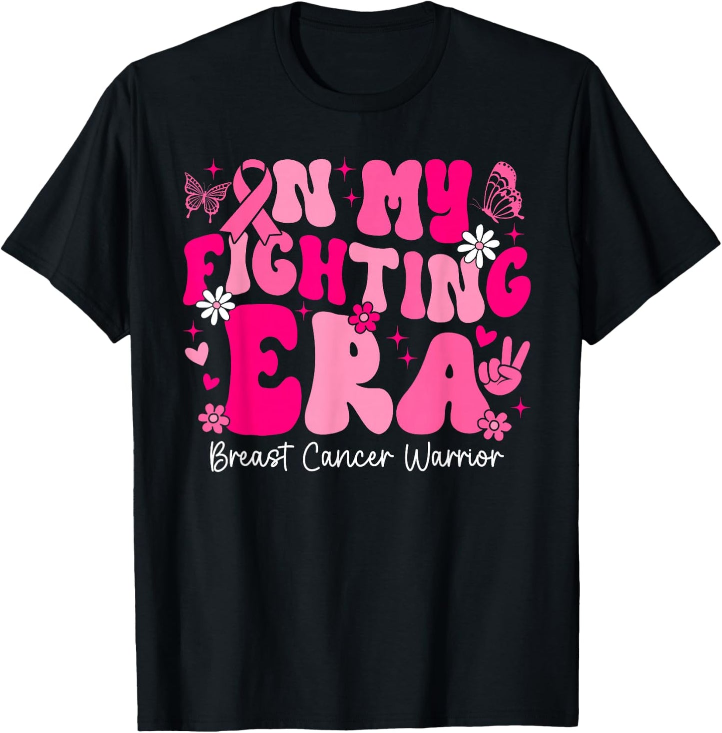 In My Fighting Era Breast Cancer Awareness Warrior Groovy T-Shirt - T-Shirt | Black