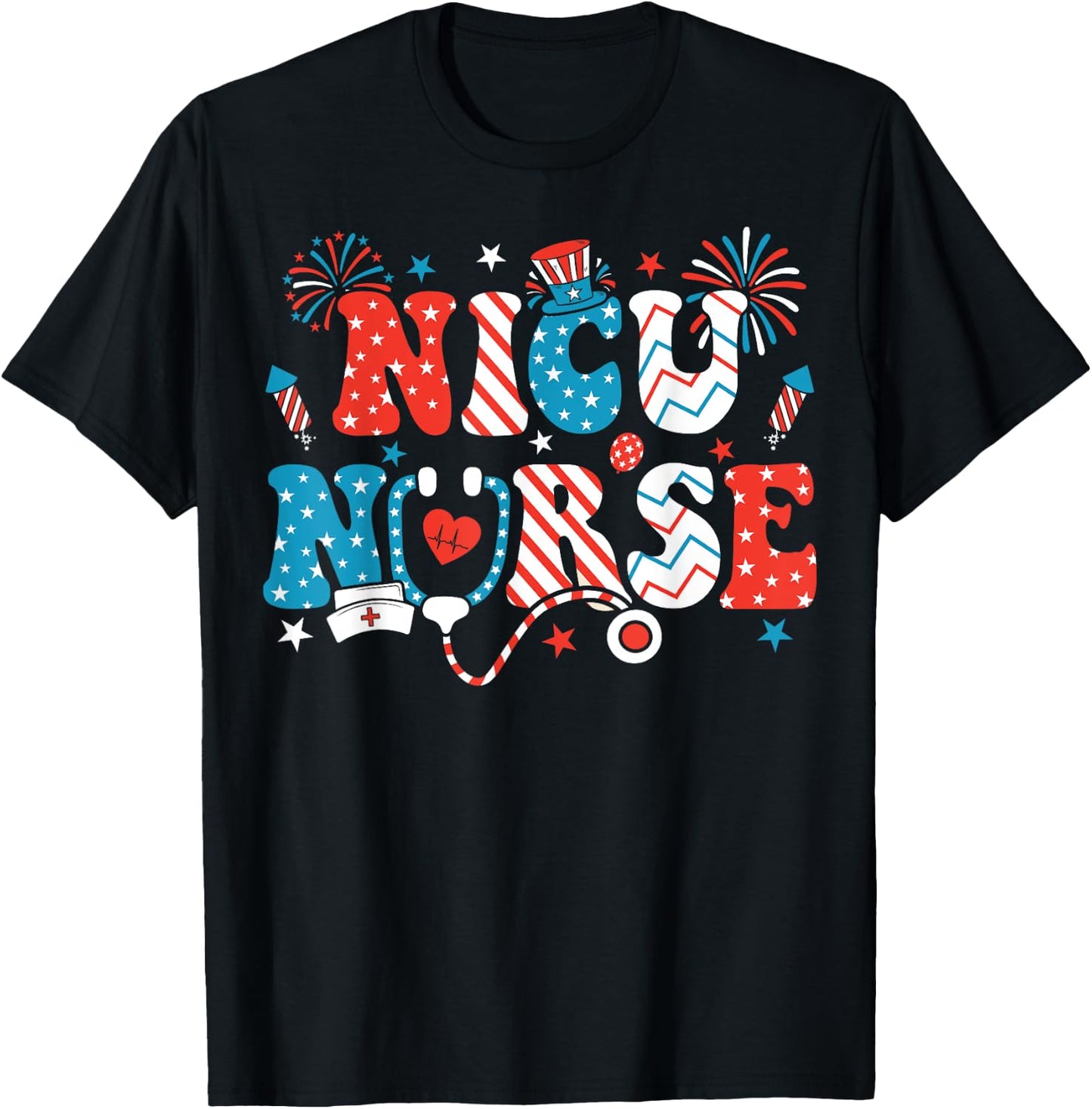 NICU Nurse 4th Of July American Flag Patriotic Nicu Nurse T-Shirt - T-Shirt | Black