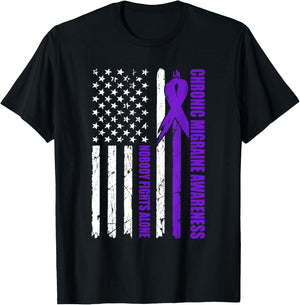 Chronic Migraine Awareness USA Flag Purple Ribbon Dads T-Shirt - T-Shirt | Black
