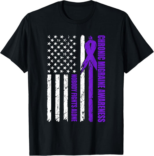 Chronic Migraine Awareness USA Flag Purple Ribbon Dads T-Shirt - T-Shirt | Black