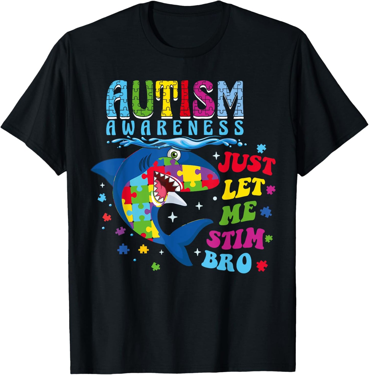Just Let Me Stim Bro Retro Autism Awareness Day Shark Puzzle T-Shirt - T-Shirt | Black