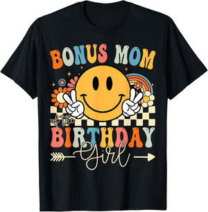 Bonus Mom Of The Birthday Girl Groovy Retro Vintage T-Shirt - T-Shirt | Black
